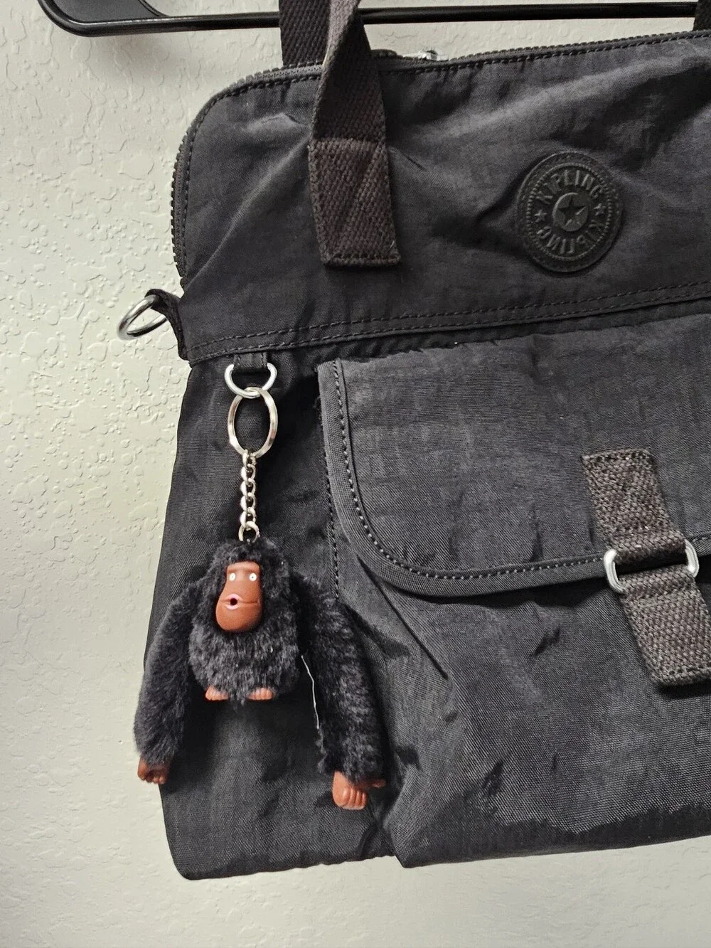 Kipling Pahneiro Black Nylon Shoulder Bag with Monkey Charm